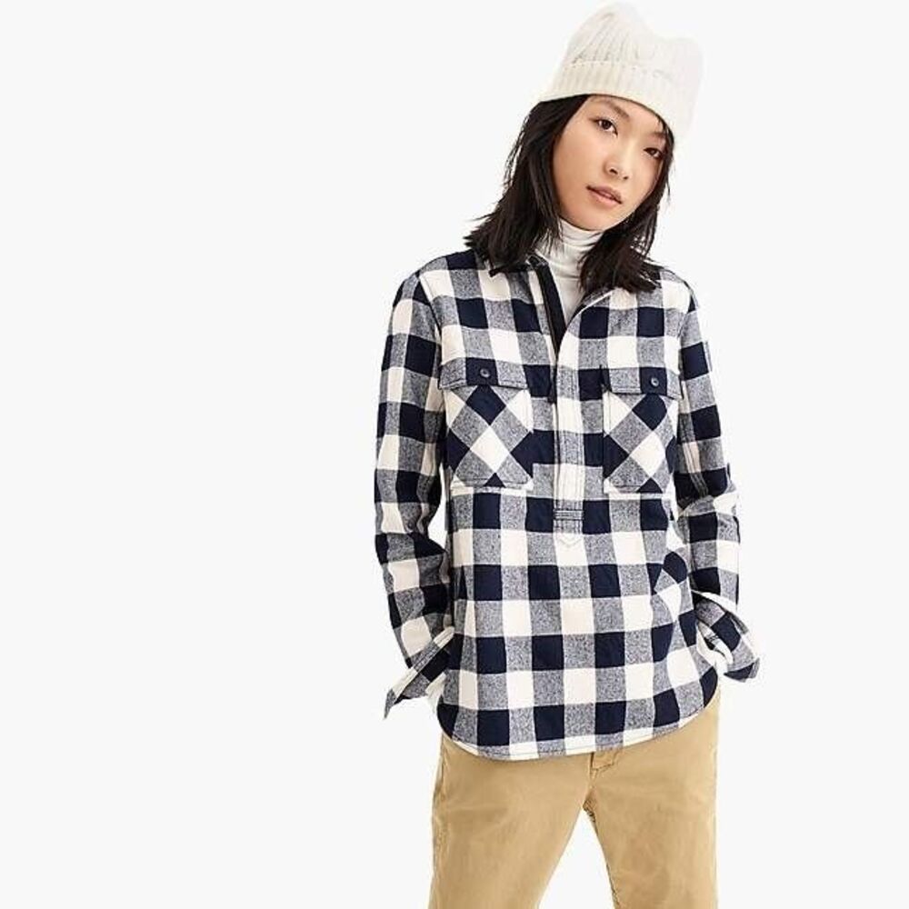 J. Crew wool blend buffalo plaid half zip shacket‎ pullover Size S navy outdoor